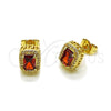 Oro Laminado Stud Earring, Gold Filled Style Cluster and Greek Key Design, with Garnet Cubic Zirconia and White Micro Pave, Polished, Golden Finish, 02.283.0053.1