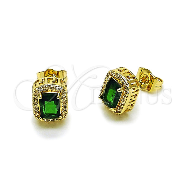 Oro Laminado Stud Earring, Gold Filled Style Cluster and Greek Key Design, with Green Cubic Zirconia and White Micro Pave, Polished, Golden Finish, 02.283.0053.2