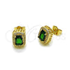 Oro Laminado Stud Earring, Gold Filled Style Cluster and Greek Key Design, with Green Cubic Zirconia and White Micro Pave, Polished, Golden Finish, 02.283.0053.2