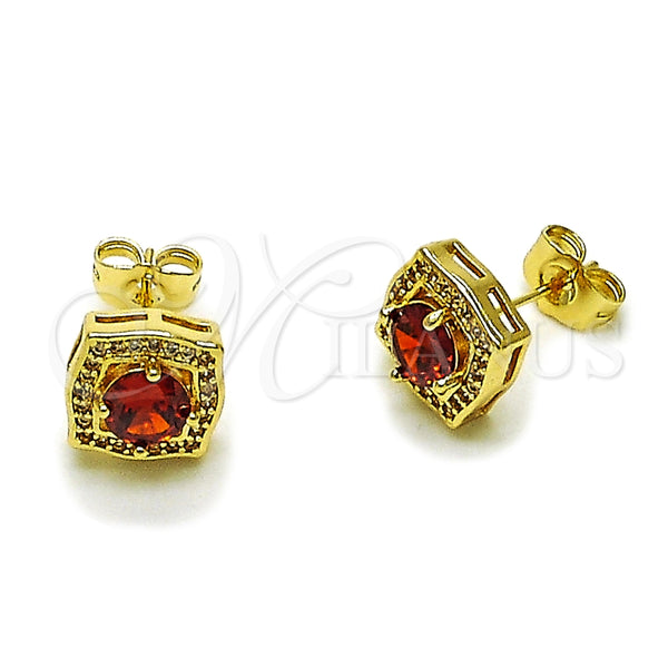 Oro Laminado Stud Earring, Gold Filled Style Cluster Design, with Garnet and White Cubic Zirconia, Polished, Golden Finish, 02.283.0306.1
