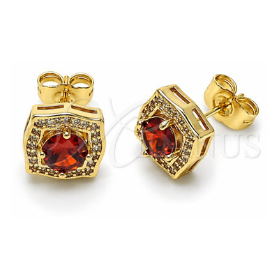 Oro Laminado Stud Earring, Gold Filled Style Cluster Design, with Garnet and White Cubic Zirconia, Polished, Golden Finish, 02.283.0306.1