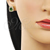 Oro Laminado Stud Earring, Gold Filled Style Cluster Design, with Green and White Cubic Zirconia, Polished, Golden Finish, 02.283.0306.2
