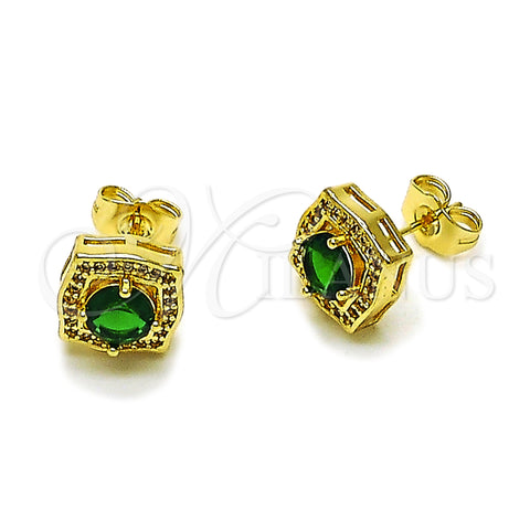 Oro Laminado Stud Earring, Gold Filled Style Cluster Design, with Green and White Cubic Zirconia, Polished, Golden Finish, 02.283.0306.2