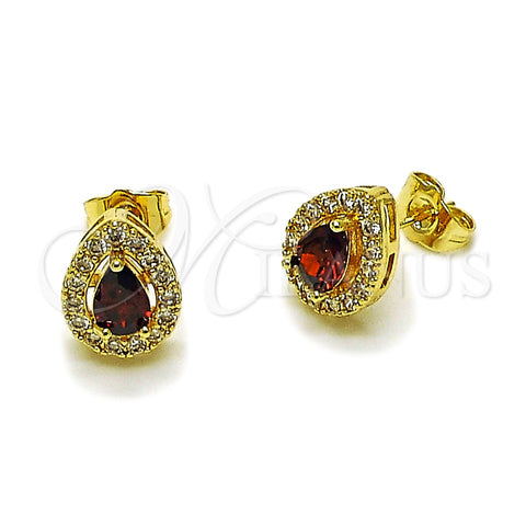 Oro Laminado Stud Earring, Gold Filled Style Teardrop and Cluster Design, with Garnet and White Cubic Zirconia, Polished, Golden Finish, 02.283.0386.1