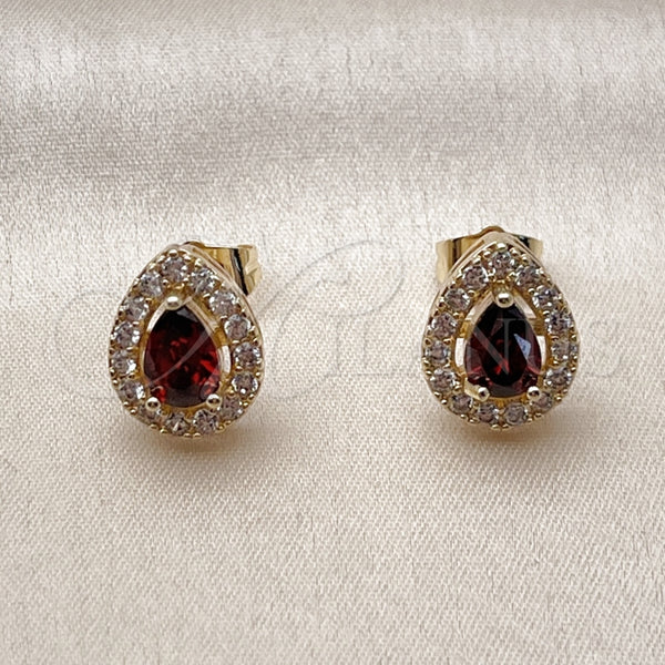 Oro Laminado Stud Earring, Gold Filled Style Teardrop and Cluster Design, with Garnet and White Cubic Zirconia, Polished, Golden Finish, 02.283.0386.1