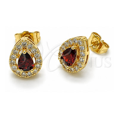 Oro Laminado Stud Earring, Gold Filled Style Teardrop and Cluster Design, with Garnet and White Cubic Zirconia, Polished, Golden Finish, 02.283.0386.1