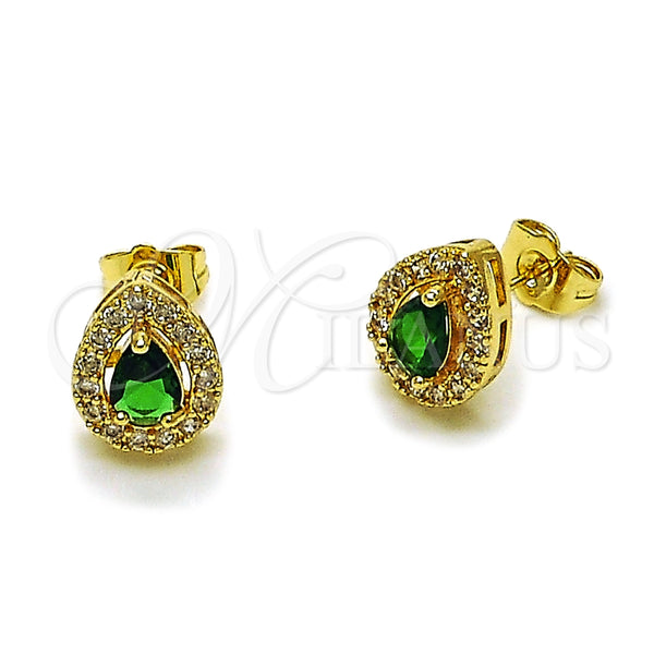 Oro Laminado Stud Earring, Gold Filled Style Teardrop and Cluster Design, with Green and White Cubic Zirconia, Polished, Golden Finish, 02.283.0386.2