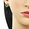 Oro Laminado Stud Earring, Gold Filled Style Teardrop and Cluster Design, with Green and White Cubic Zirconia, Polished, Golden Finish, 02.283.0386.2