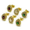 Oro Laminado Stud Earring, Gold Filled Style Teardrop and Cluster Design, with Green and White Cubic Zirconia, Polished, Golden Finish, 02.283.0386.2
