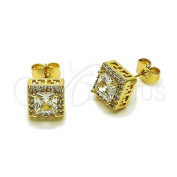 Oro Laminado Stud Earring, Gold Filled Style Cluster and Greek Key Design, with White Cubic Zirconia, Polished, Golden Finish, 02.342.0201.2