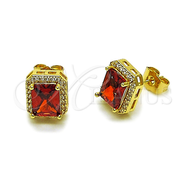 Oro Laminado Stud Earring, Gold Filled Style Cluster Design, with Garnet Cubic Zirconia and White Micro Pave, Polished, Golden Finish, 02.283.0310.1