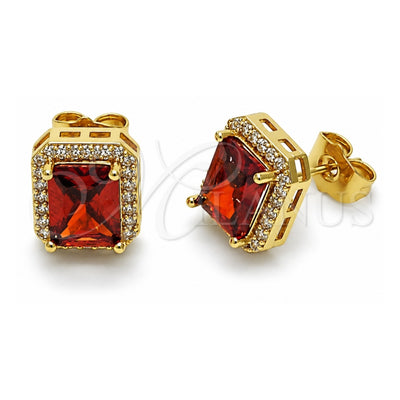 Oro Laminado Stud Earring, Gold Filled Style Cluster Design, with Garnet Cubic Zirconia and White Micro Pave, Polished, Golden Finish, 02.283.0310.1