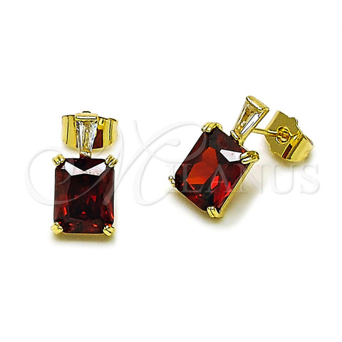 Oro Laminado Stud Earring, Gold Filled Style Baguette Design, with Garnet and White Cubic Zirconia, Polished, Golden Finish, 02.283.0311.1