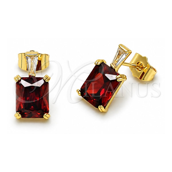 Oro Laminado Stud Earring, Gold Filled Style Baguette Design, with Garnet and White Cubic Zirconia, Polished, Golden Finish, 02.283.0311.1
