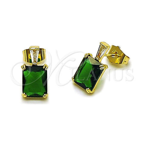 Oro Laminado Stud Earring, Gold Filled Style Baguette Design, with Green and White Cubic Zirconia, Polished, Golden Finish, 02.283.0311.2