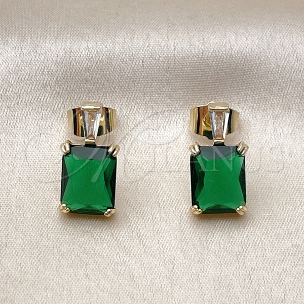 Oro Laminado Stud Earring, Gold Filled Style Baguette Design, with Green and White Cubic Zirconia, Polished, Golden Finish, 02.283.0311.2