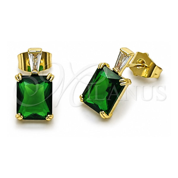 Oro Laminado Stud Earring, Gold Filled Style Baguette Design, with Green and White Cubic Zirconia, Polished, Golden Finish, 02.283.0311.2