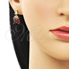 Oro Laminado Stud Earring, Gold Filled Style with White and Garnet Cubic Zirconia, Polished, Golden Finish, 02.283.0312.1