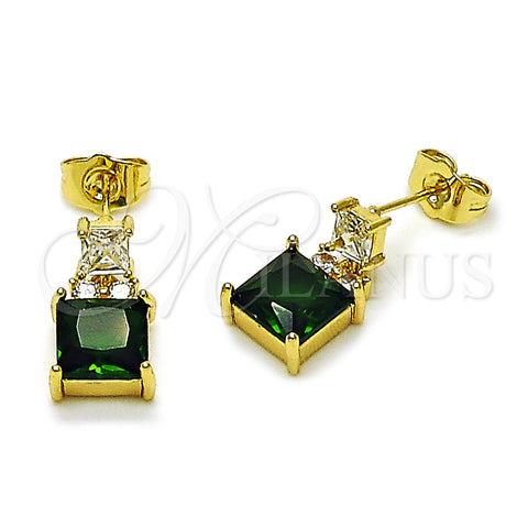 Oro Laminado Stud Earring, Gold Filled Style with Green and White Cubic Zirconia, Polished, Golden Finish, 02.283.0312.2