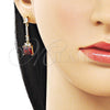 Oro Laminado Long Earring, Gold Filled Style Baguette Design, with Garnet and White Cubic Zirconia, Polished, Golden Finish, 02.283.0313.1