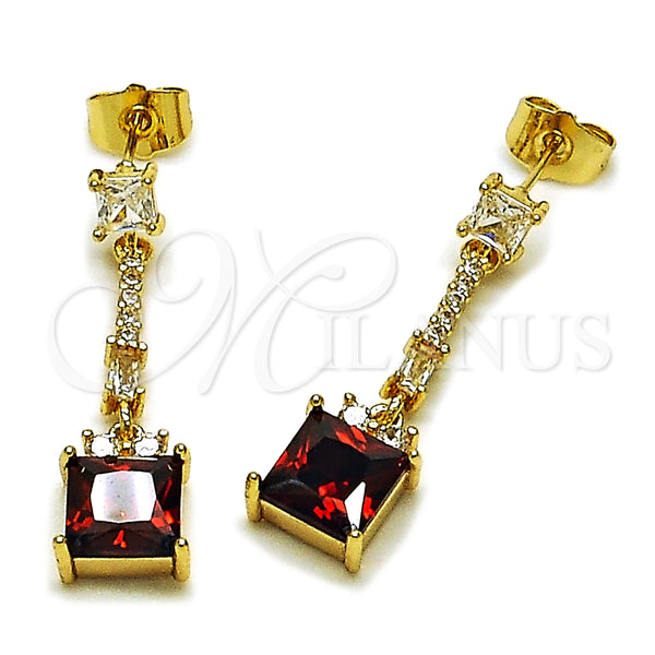 Oro Laminado Long Earring, Gold Filled Style Baguette Design, with Garnet and White Cubic Zirconia, Polished, Golden Finish, 02.283.0313.1