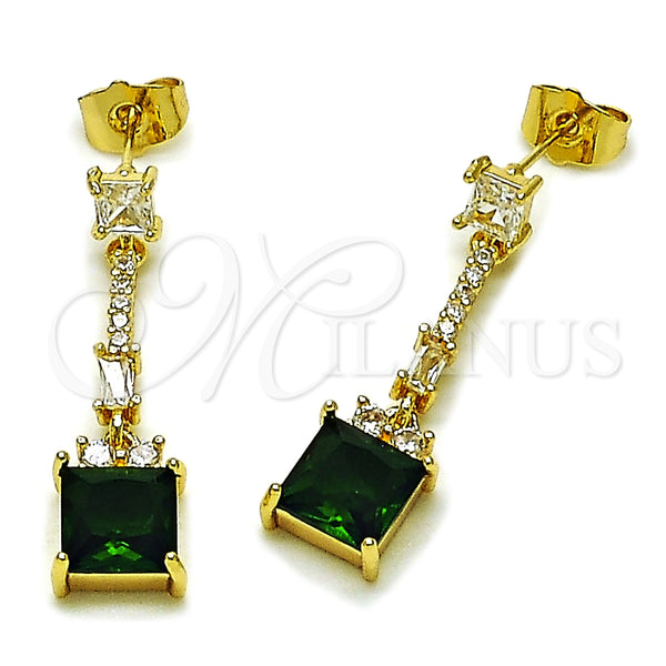 Oro Laminado Long Earring, Gold Filled Style Baguette Design, with Green and White Cubic Zirconia, Polished, Golden Finish, 02.283.0313.2