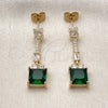 Oro Laminado Long Earring, Gold Filled Style Baguette Design, with Green and White Cubic Zirconia, Polished, Golden Finish, 02.283.0313.2