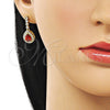 Oro Laminado Long Earring, Gold Filled Style Cluster and Teardrop Design, with Garnet and White Cubic Zirconia, Polished, Golden Finish, 02.283.0387