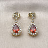 Oro Laminado Long Earring, Gold Filled Style Cluster and Teardrop Design, with Garnet and White Cubic Zirconia, Polished, Golden Finish, 02.283.0387
