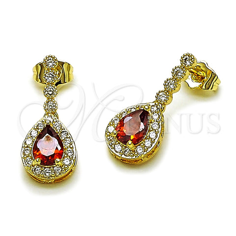Oro Laminado Long Earring, Gold Filled Style Cluster and Teardrop Design, with Garnet and White Cubic Zirconia, Polished, Golden Finish, 02.283.0387