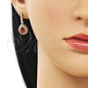 Oro Laminado Long Earring, Gold Filled Style Cluster and Teardrop Design, with Garnet and White Cubic Zirconia, Polished, Golden Finish, 02.283.0387