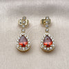 Oro Laminado Long Earring, Gold Filled Style Cluster and Teardrop Design, with Garnet and White Cubic Zirconia, Polished, Golden Finish, 02.283.0387