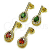 Oro Laminado Long Earring, Gold Filled Style Cluster and Teardrop Design, with Garnet and White Cubic Zirconia, Polished, Golden Finish, 02.283.0387