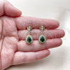 Oro Laminado Long Earring, Gold Filled Style Teardrop and Cluster Design, with Green and White Cubic Zirconia, Polished, Golden Finish, 02.283.0387.1