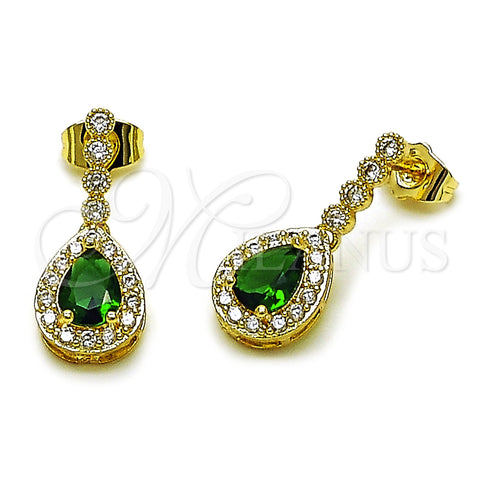 Oro Laminado Long Earring, Gold Filled Style Teardrop and Cluster Design, with Green and White Cubic Zirconia, Polished, Golden Finish, 02.283.0387.1