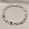 Oro Laminado Fancy Bracelet, Gold Filled Style Hugs and Kisses and Heart Design, with Multicolor and White Cubic Zirconia, Polished, Golden Finish, 03.266.0058.07 (Thickness, 8 Inches Length)