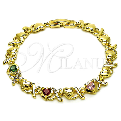 Oro Laminado Fancy Bracelet, Gold Filled Style Hugs and Kisses and Heart Design, with Multicolor and White Cubic Zirconia, Polished, Golden Finish, 03.266.0058.07 (Thickness, 8 Inches Length)