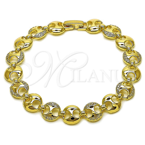 Oro Laminado Tennis Bracelet, Gold Filled Style Puff Mariner Design, with White Micro Pave, Polished, Golden Finish, 03.266.0060.08