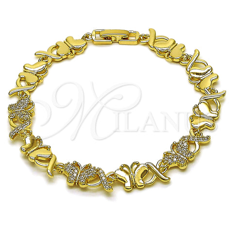 Oro Laminado Fancy Bracelet, Gold Filled Style Hugs and Kisses and Butterfly Design, with White Cubic Zirconia, Polished, Golden Finish, 03.266.0061.08 (Thickness, 8 Inches Length)