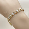 Oro Laminado Fancy Bracelet, Gold Filled Style Hugs and Kisses and Heart Design, with White Cubic Zirconia, Polished, Golden Finish, 03.266.0062.07 (08 MM Thickness, 8 Inches Length)