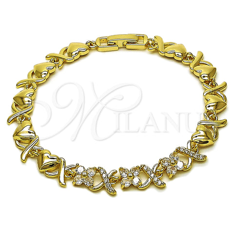 Oro Laminado Fancy Bracelet, Gold Filled Style Hugs and Kisses and Heart Design, with White Cubic Zirconia, Polished, Golden Finish, 03.266.0062.07 (08 MM Thickness, 8 Inches Length)