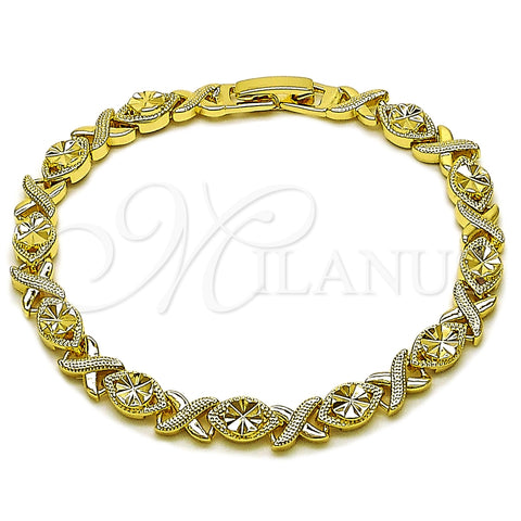 Oro Laminado Solid Bracelet, Gold Filled Style Hugs and Kisses Design, Diamond Cutting Finish, Golden Finish, 03.213.0422.07