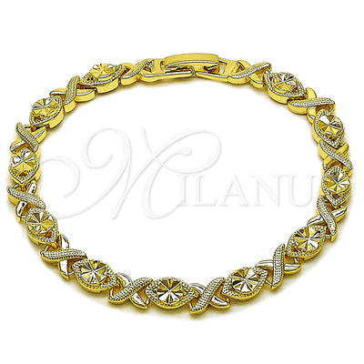 Oro Laminado Solid Bracelet, Gold Filled Style Hugs and Kisses Design, Diamond Cutting Finish, Golden Finish, 03.213.0422.07 (Thickness, 7 Inches Length)