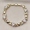 Oro Laminado Fancy Bracelet, Gold Filled Style Hugs and Kisses and Heart Design, with White Cubic Zirconia, Polished, Golden Finish, 03.213.0423.07