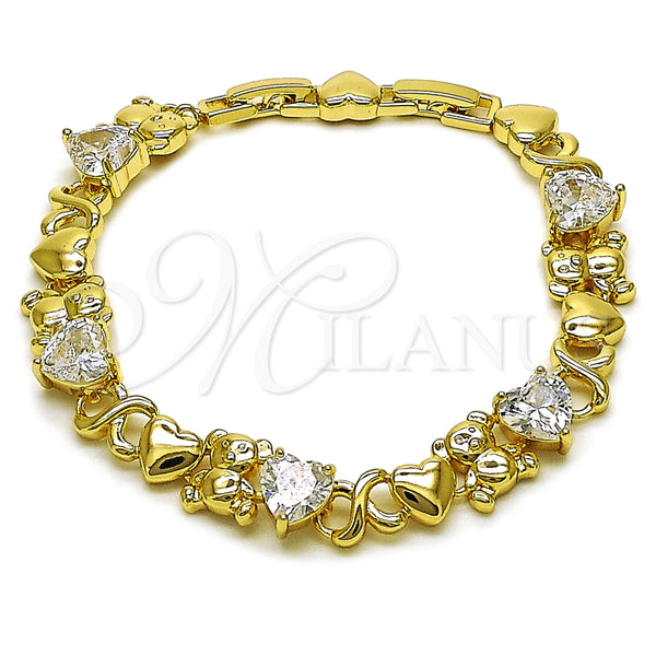 Oro Laminado Fancy Bracelet, Gold Filled Style Hugs and Kisses and Heart Design, with White Cubic Zirconia, Polished, Golden Finish, 03.213.0423.07