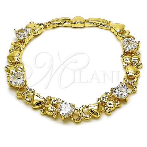 Oro Laminado Fancy Bracelet, Gold Filled Style Hugs and Kisses and Heart Design, with White Cubic Zirconia, Polished, Golden Finish, 03.213.0423.07