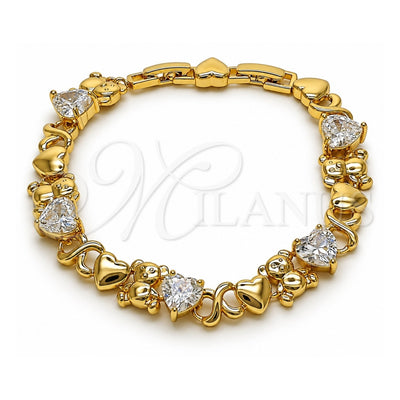 Oro Laminado Fancy Bracelet, Gold Filled Style Hugs and Kisses and Heart Design, with White Cubic Zirconia, Polished, Golden Finish, 03.213.0423.07 (10 MM Thickness, 7 Inches Length)