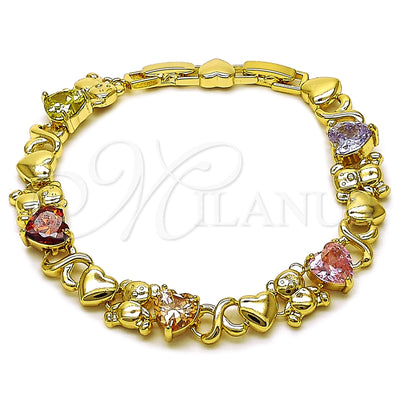 Oro Laminado Fancy Bracelet, Gold Filled Style Hugs and Kisses and Heart Design, with Multicolor Cubic Zirconia, Polished, Golden Finish, 03.213.0423.1.07 (10 MM Thickness, 7 Inches Length)