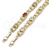 Oro Laminado Fancy Bracelet, Gold Filled Style Hugs and Kisses and Heart Design, with Multicolor Cubic Zirconia, Polished, Golden Finish, 03.213.0423.1.07 (10 MM Thickness, 7 Inches Length)