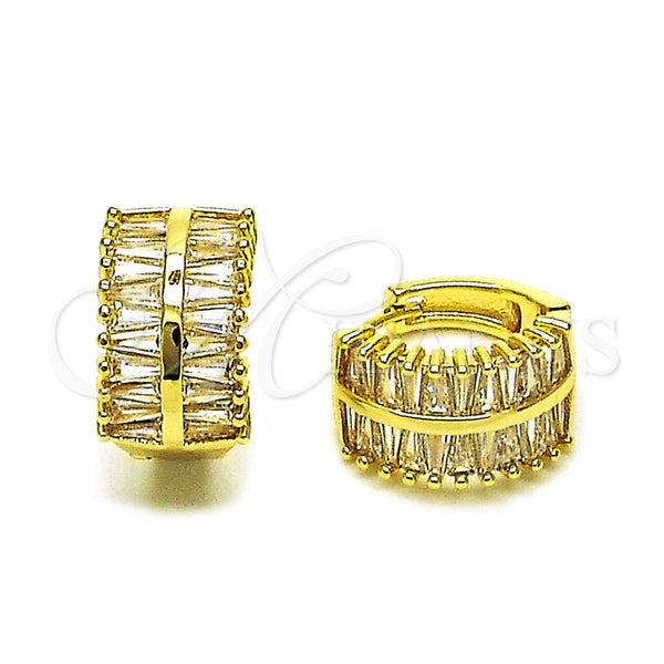 Gold Filled Hoop Earrings — Huggie Hoop Baguette Design with White Cubic Zirconia — main product view — SKU 163129 | Oro Laminado aretes de aro — Huggie Hoop Baguette diseño with blanco Cubic Zirconia — SKU 163129